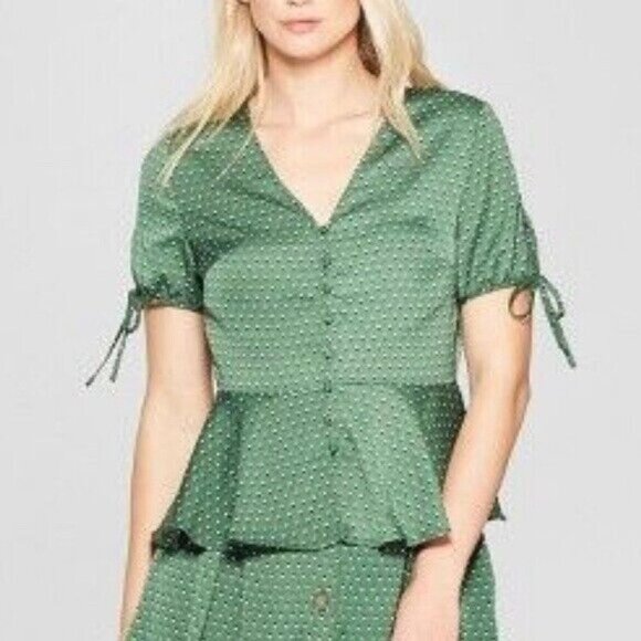 Who What Wear Sz M Shadow Green Polka Dot Tie Sleeve Button Peplum Womens Blouse - Picture 5 of 7